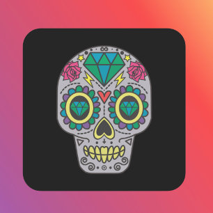 Day of the Dead Roses and Crystal Skull on Black Square Sticker