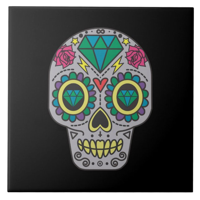 Day of the Dead Roses and Crystal Skull on Black Tile (Front)
