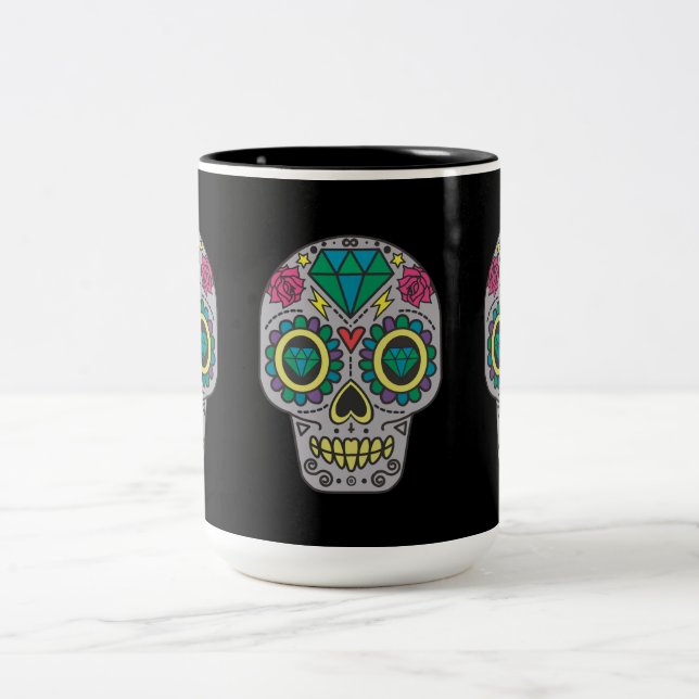 Day of the Dead Roses and Crystal Skulls on Black Two-Tone Coffee Mug (Center)