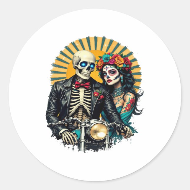 Day of the Dead Skeleton Couple Bikers Classic Round Sticker (Front)