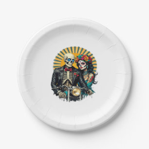 Day of the Dead Skeleton Couple Bikers Paper Plate