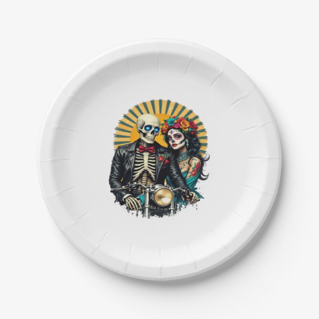 Day of the Dead Skeleton Couple Bikers Paper Plate (Front)
