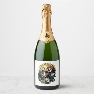 Day of the Dead Skeleton Couple Bikers Sparkling Wine Label