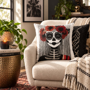 Day of the Dead Skeleton Woman with Red Flowers Throw Pillow