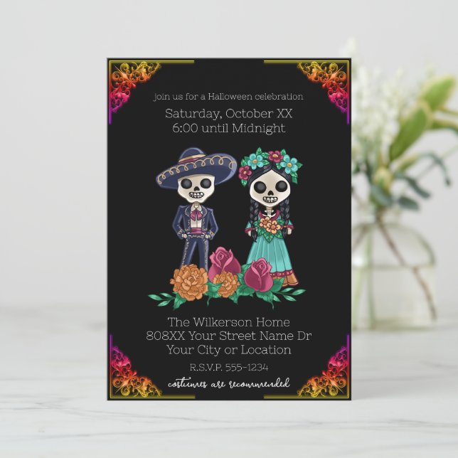 Day of the Dead Skeletons on Black Halloween Party Invitation (Standing Front)