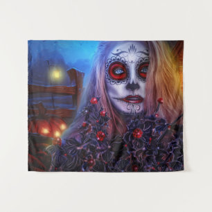 Day of the Dead Skull Girl and Jack-o-lanterns Tapestry