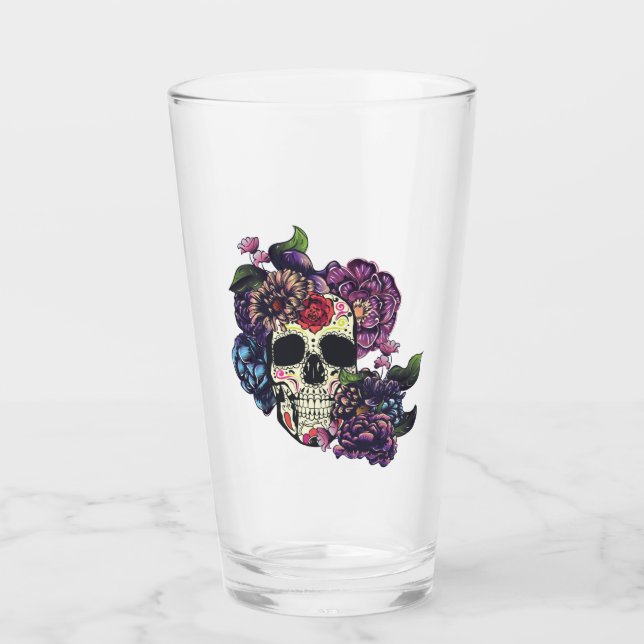Day of the dead skull with flowers glass (Front)