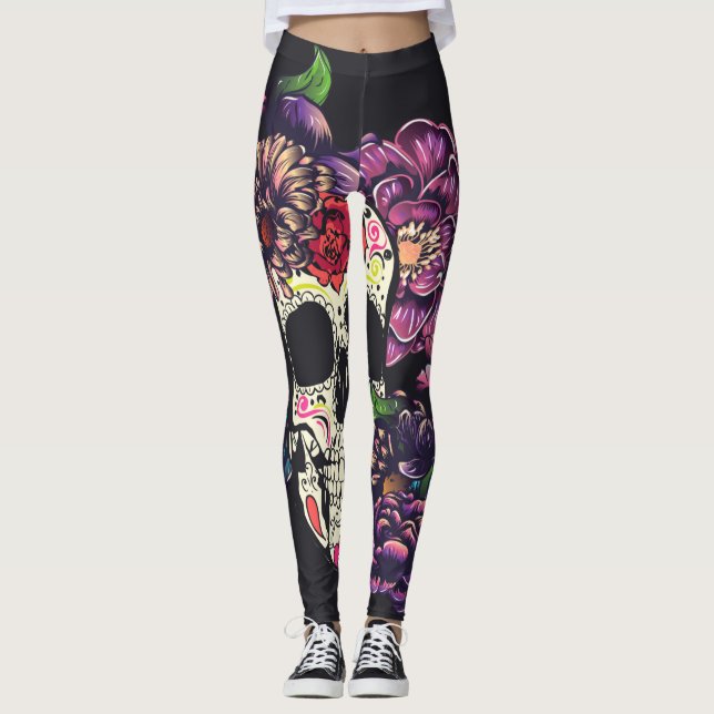 Day of the dead skull with flowers leggings (Front)