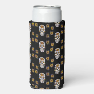 Day of the dead skull with flowers pattern black seltzer can cooler