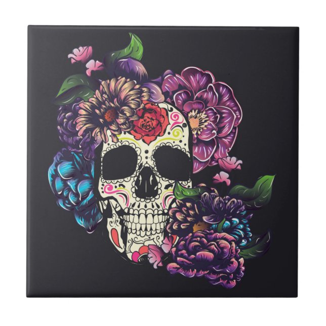 Day of the dead skull with flowers tile (Front)