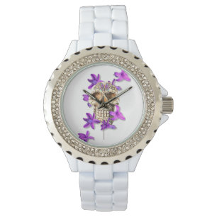 Day of the Dead Skull with Violets & Butterflies Watch