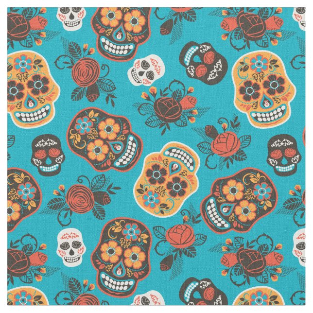 Day of the Dead Skulls Blue & Orange Fabric (Close Up)