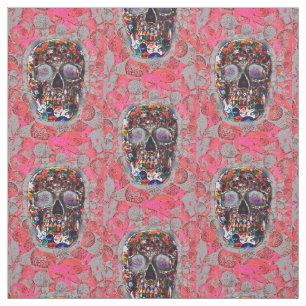 Day Of The Dead Skulls Pink Balloons Pattern Fabric
