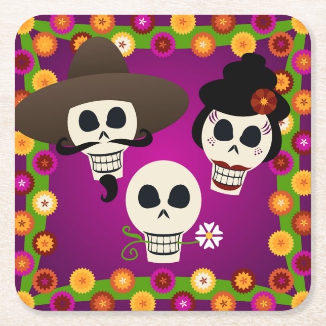 Day Of The Dead Skulls Square Paper Coaster (Front)