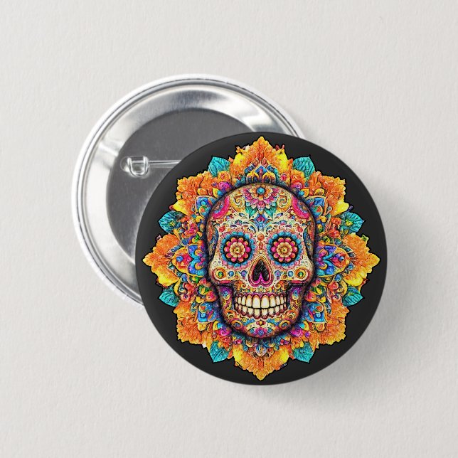 Day of the Dead Sugar Skull 2 Inch Round Button (Front & Back)