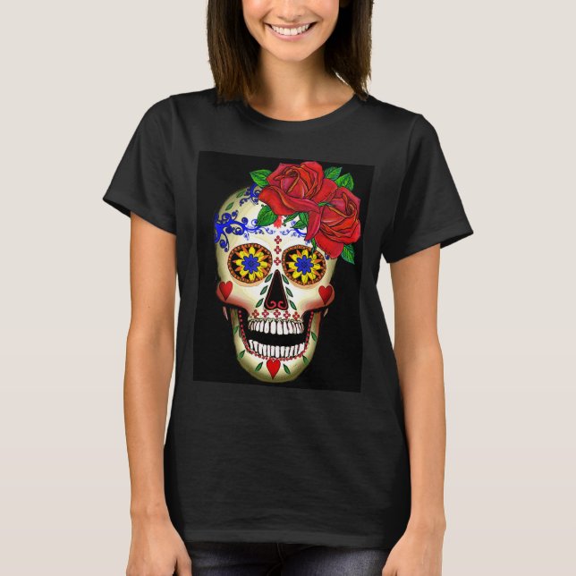 DAY OF THE DEAD SUGAR SKULL AND ROSES T-SHIRT (Front)