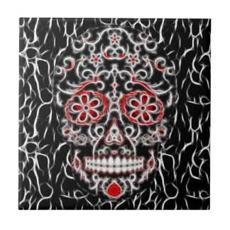 Day of the Dead Sugar Skull - Black, White & Red Tile
