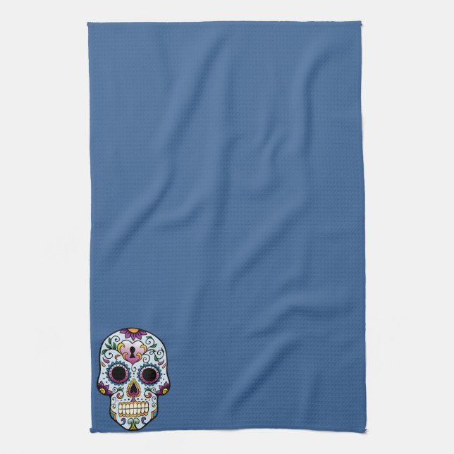 Day of the Dead Sugar Skull Blue Kitchen Towel (Vertical)