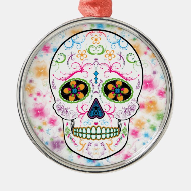 Day of the Dead Sugar Skull - Bright Multi Colour Metal Ornament (Front)