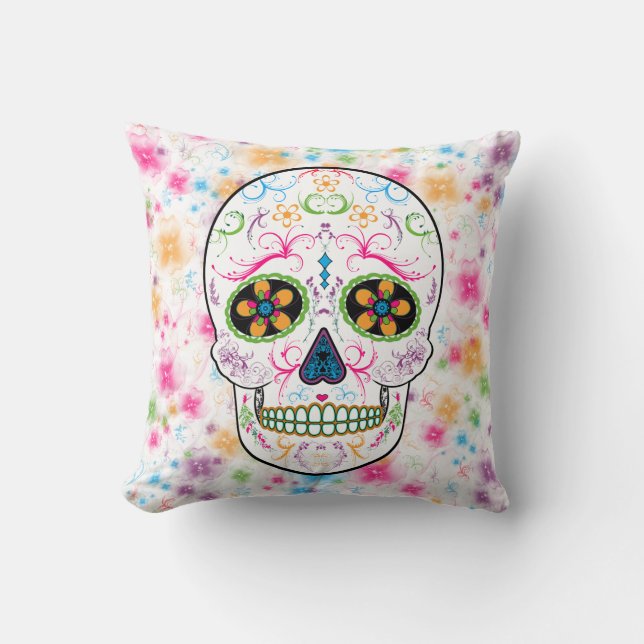 Day of the Dead Sugar Skull - Bright Multi Colour Throw Pillow (Front)