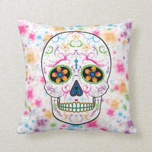 Day of the Dead Sugar Skull - Bright Multi Colour Throw Pillow