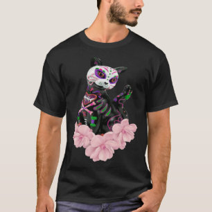 Day Of The Dead Sugar Skull Cat Pink Flowers Pullo T-Shirt
