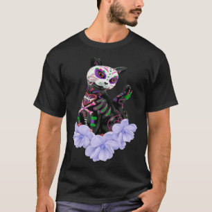 Day Of The Dead Sugar Skull Cat Purple Flowers T-Shirt