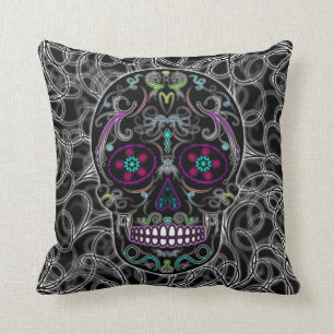 Day of the Dead Sugar Skull - Colourfully Black Throw Pillow