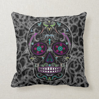 Day of the Dead Sugar Skull - Colourfully Black Throw Pillow