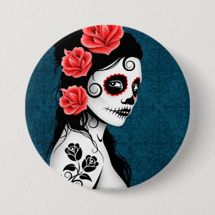 Day of the Dead Sugar Skull Girl - blue 3 Inch Round Button
