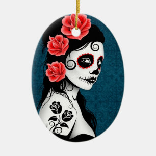 Day of the Dead Sugar Skull Girl - blue Ceramic Ornament