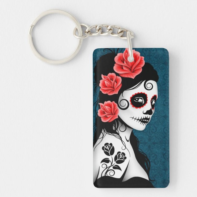Day of the Dead Sugar Skull Girl - blue Keychain (Front)