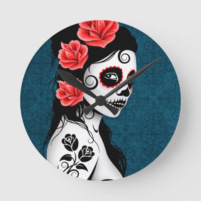 Day of the Dead Sugar Skull Girl - blue Round Clock (Front)