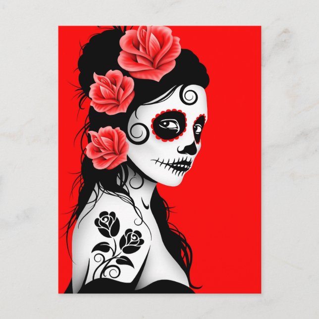 Day of the Dead Sugar Skull Girl - Bright Red Postcard (Front)