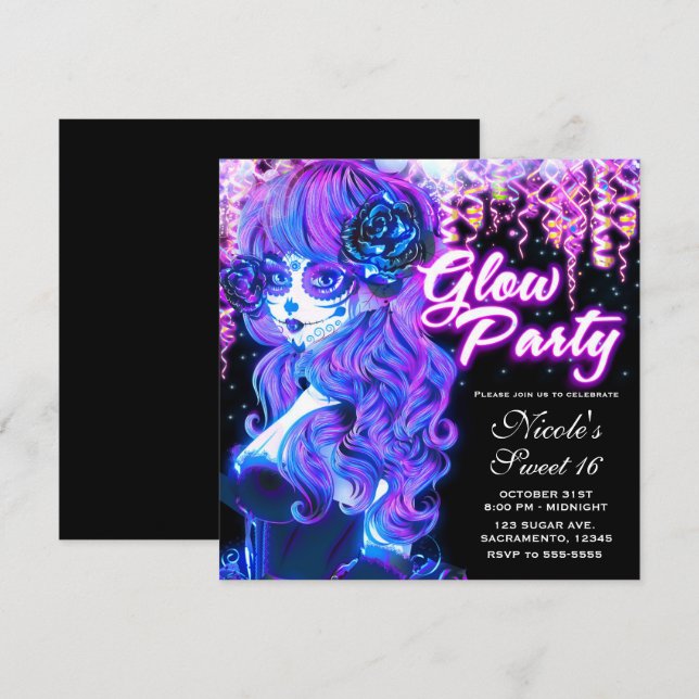 Day of the Dead Sugar Skull Girl Glow Neon Party Invitation (Front/Back)