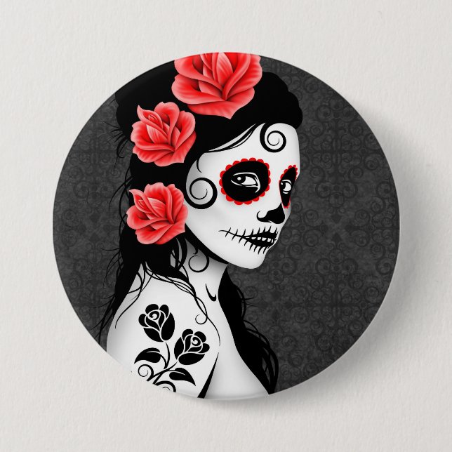 Day of the Dead Sugar Skull Girl - grey 3 Inch Round Button (Front)