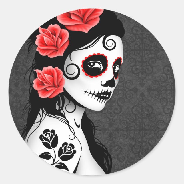 Day of the Dead Sugar Skull Girl - grey Classic Round Sticker (Front)