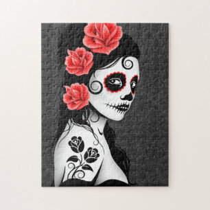 Day of the Dead Sugar Skull Girl - grey Jigsaw Puzzle