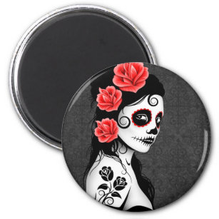Day of the Dead Sugar Skull Girl - grey Magnet