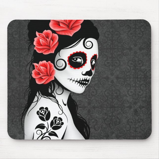 Day of the Dead Sugar Skull Girl - grey Mouse Pad (Front)
