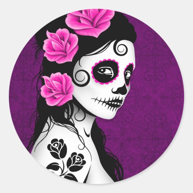 Day of the Dead Sugar Skull Girl - purple Classic Round Sticker (Front)
