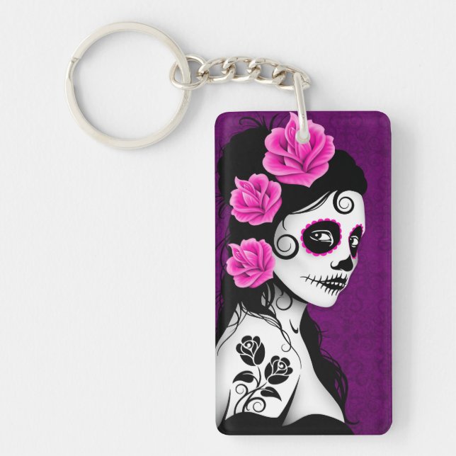 Day of the Dead Sugar Skull Girl - purple Keychain (Front)