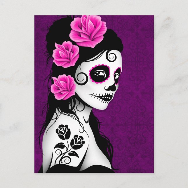 Day of the Dead Sugar Skull Girl - Purple Postcard (Front)