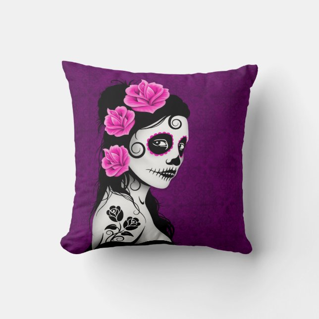 Day of the Dead Sugar Skull Girl - purple Throw Pillow (Front)