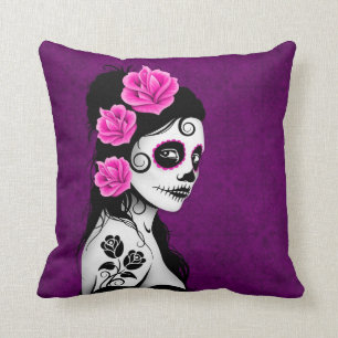 Day of the Dead Sugar Skull Girl - purple Throw Pillow