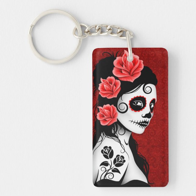 Day of the Dead Sugar Skull Girl - red Keychain (Front)