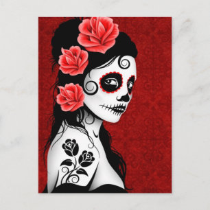 Day of the Dead Sugar Skull Girl - red Postcard