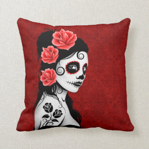 Day of the Dead Sugar Skull Girl - red Throw Pillow
