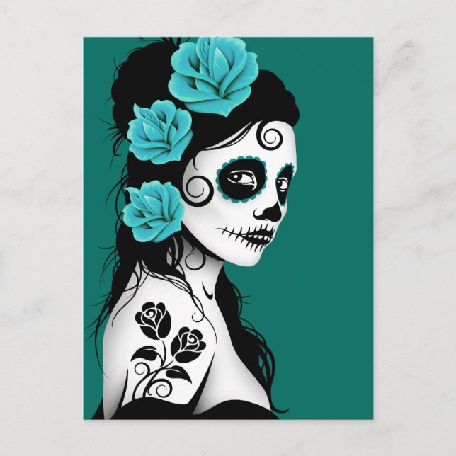 Day of the Dead Sugar Skull Girl - Teal Blue Postcard (Front)