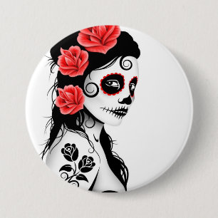 Day of the Dead Sugar Skull Girl - white 3 Inch Round Button